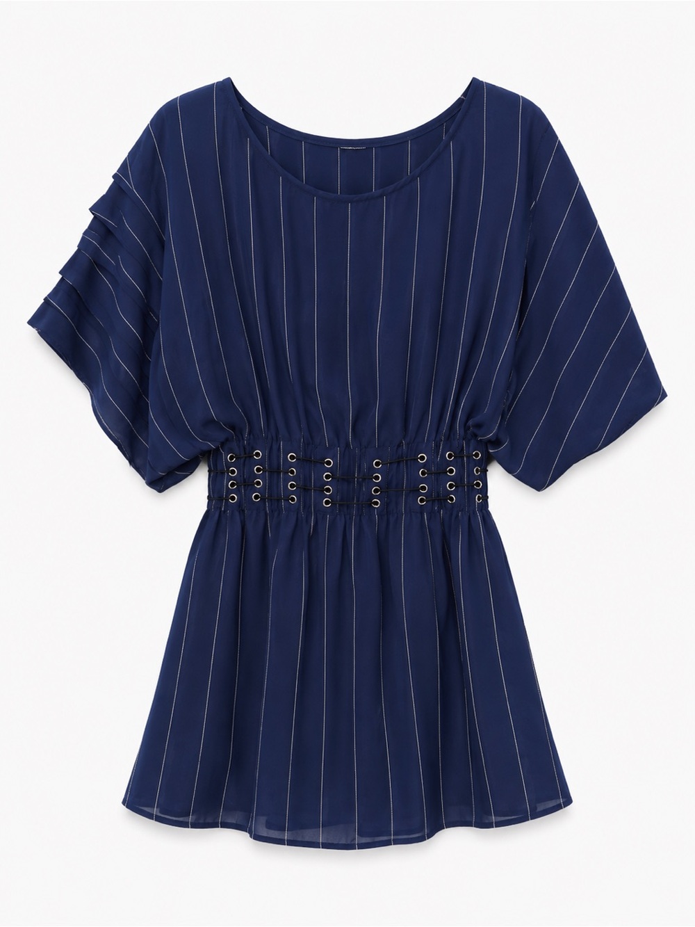 Tularosa Blue Pinstripe Grommet Waist Pleated Dress Size S NWT
